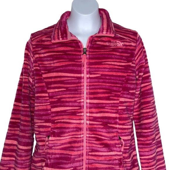 The North Face Pink Fleece Jacket Girls L 14 16 Striped Embroidered Logo Pockets - Picture 2 of 10